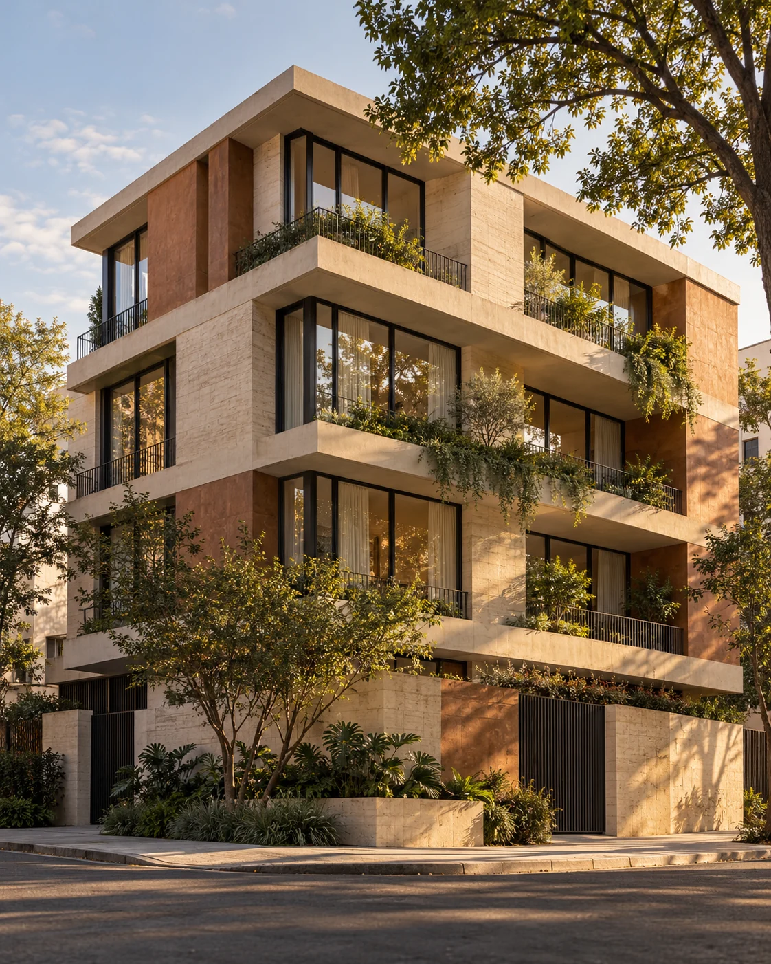 Imagen arquitectónica ilustrativa de un edificio residencial contemporáneo, con fachadas de piedra y vegetación.